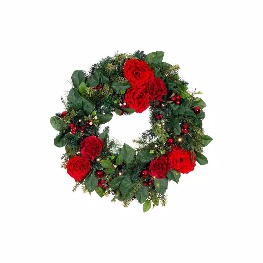 Village Lighting Company 30 in. Pre-Lit Red Peony and Berry Artificial Christmas Wreath with 50 LED Lights