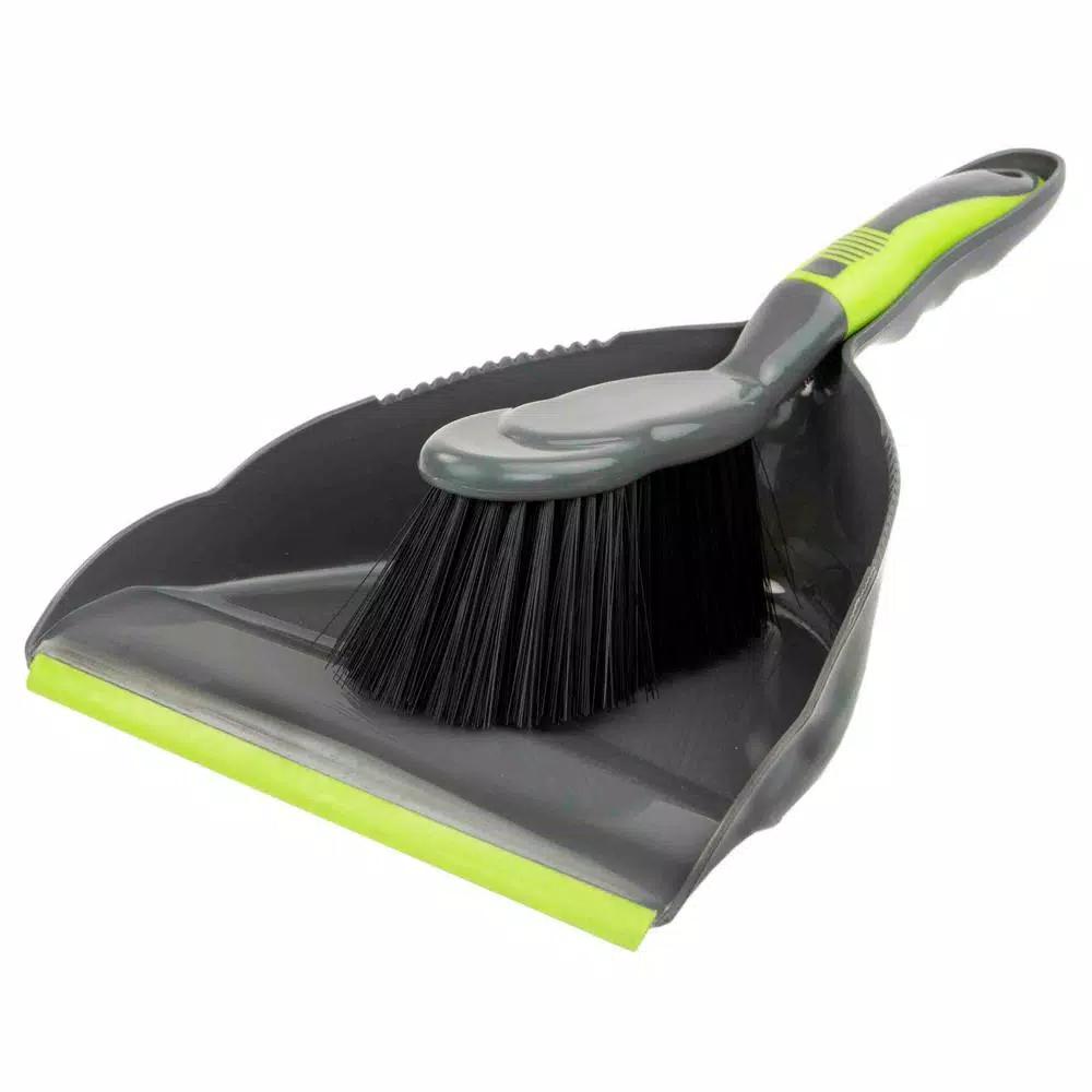 Home Basics Brilliant Collection 8.5 in. Dust Pan and Brush Set, Grey/Lime