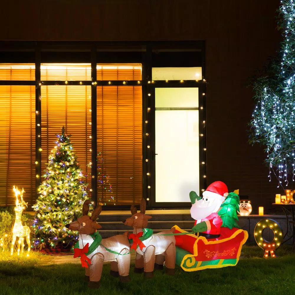 Glitzhome 7 ft. Lighted Inflatable Santa Sleigh with 2 Reindeer Holiday Decor