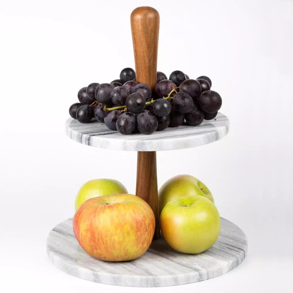 Creative Home 2-Tier Natural Marble and Acacia Wood Cake Dessert Stand, Round Pastry & Fruit Server