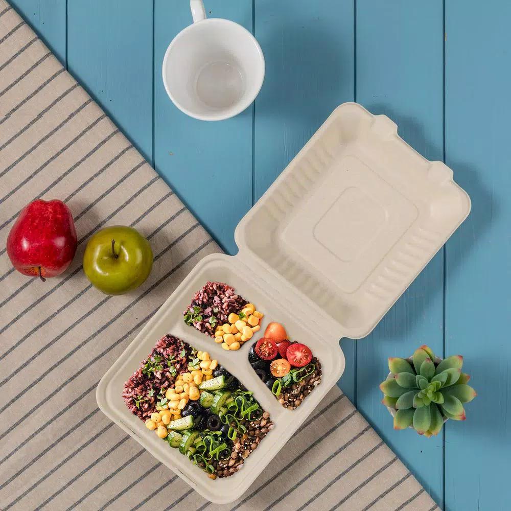 Unbranded 8 in. Natural Sugarcane 3-Compartment Sectional Clamshell Containers, 300 Pack