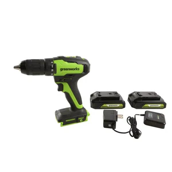 Greenworks 24V Cordless Brushless 1/2 in. Drill Driver Kit with 2 Batteries, Charger, and Tool Bag