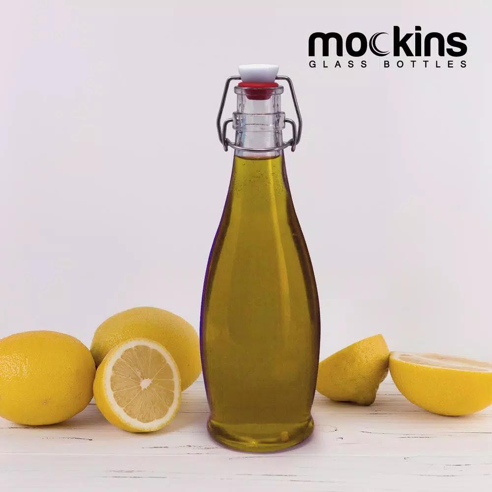 Mockins 17 oz. Glass Bottles with Swing Top Stoppers - Set of 6 with Funnel, Brush, and Gold Marker