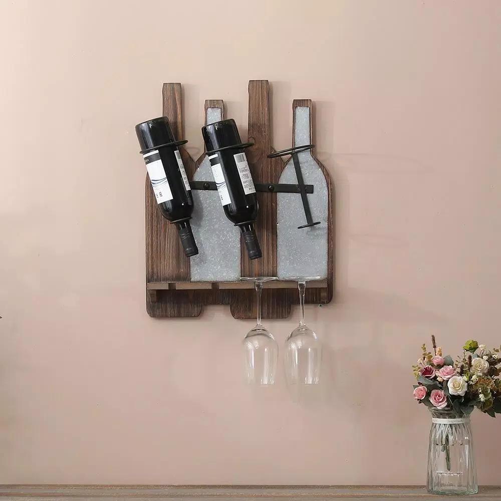 Luxen Home Rustic Wood & Metal Wall Mounted Wine Rack - Holds 3 Bottles & 4 Glasses