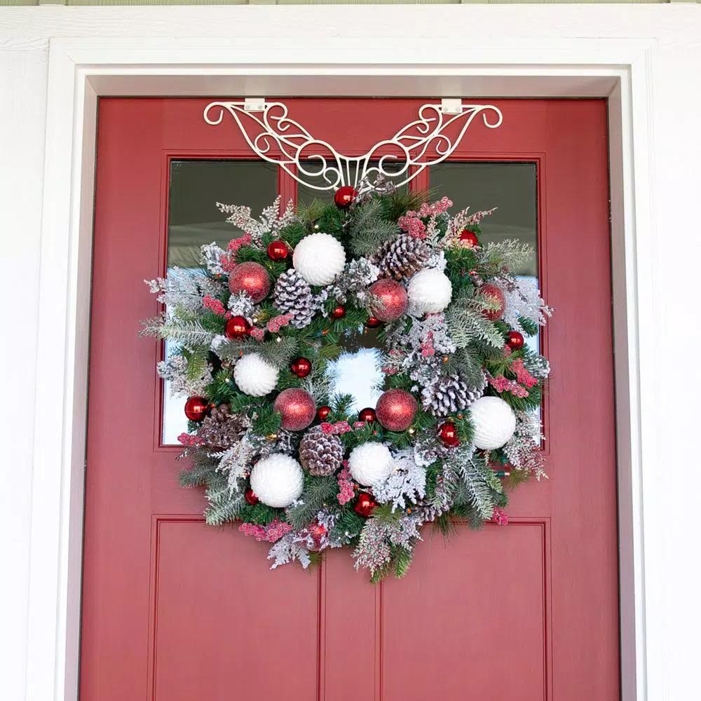 Village Lighting Company 30 in. Frosted Wonderland Pre-Lit LED Christmas Wreath - Red and White Candycane Design
