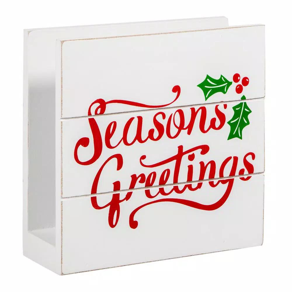 Home Essentials 6 in. Seasons Greetings White Wooden Napkin Holder