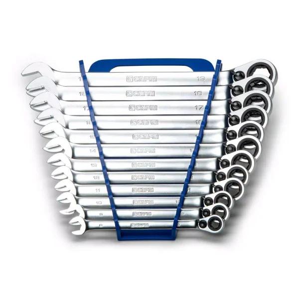 Capri Tools Metric 12-Piece Long Pattern Reversible Ratcheting Combination Wrench Set with Wrench Rack
