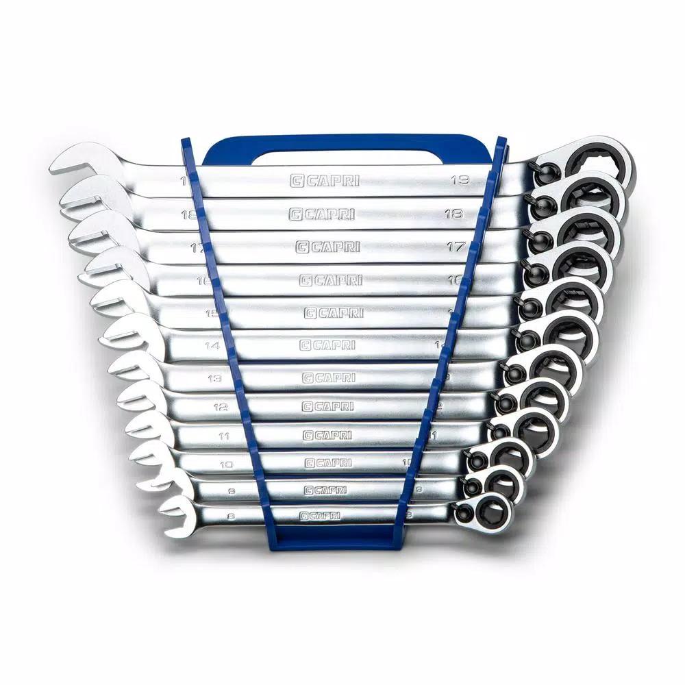 Capri Tools Metric 12-Piece Long Pattern Reversible Ratcheting Combination Wrench Set with Wrench Rack