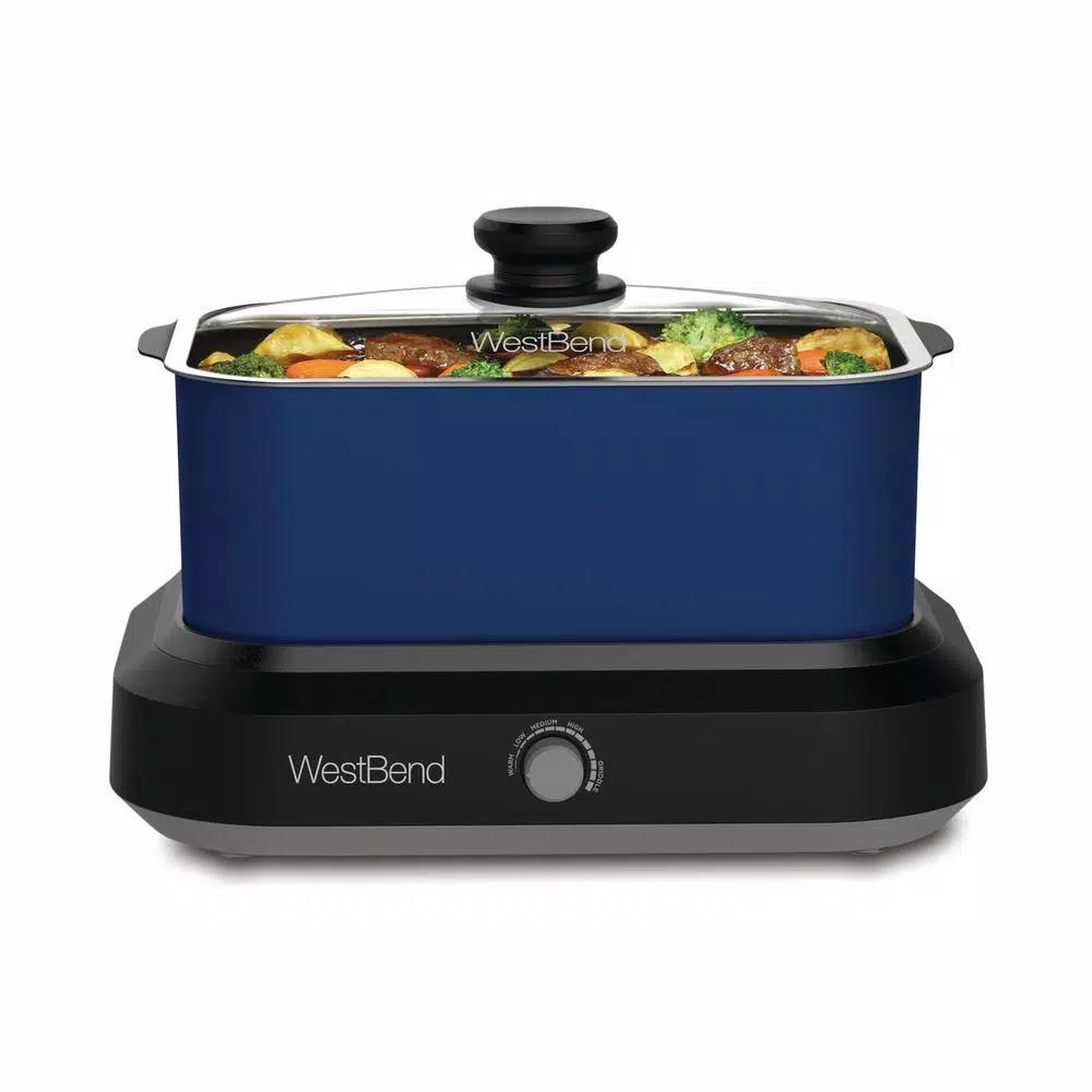 West Bend 5 Qt. Blue Non-Stick Versatility Slow Cooker with Griddle Base, Travel Lid and Thermal Tote