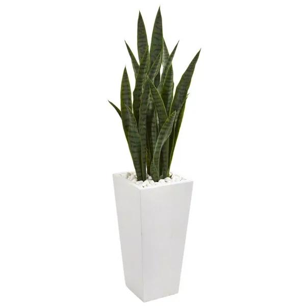 Nearly Natural 4 ft. Artificial Sansevieria Snake Plant in White Tower Planter