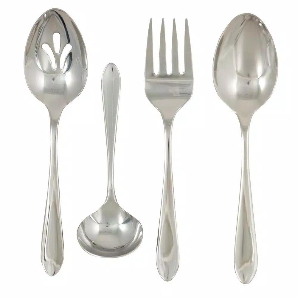 Ginkgo Linden 4-Piece Hostess Serving Set, 18/0 Stainless Steel, Silver