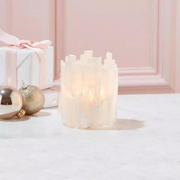 Two's Company Selenite Translucent White Stone Candle Holder with Glass Insert