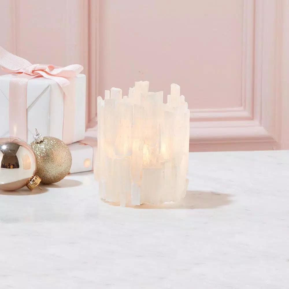 Two's Company Selenite Translucent White Stone Candle Holder with Glass Insert