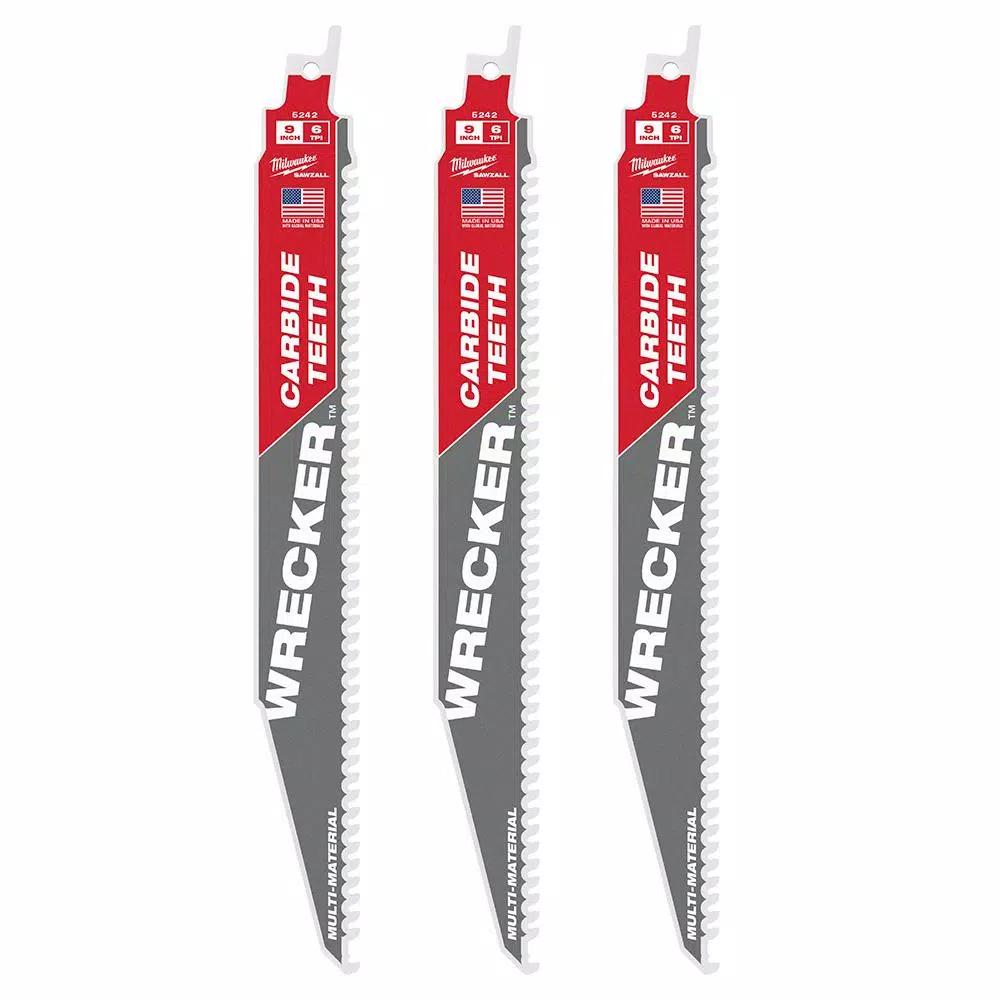 Milwaukee WRECKER 9 in. 6 TPI Carbide Teeth Multi-Material Reciprocating Saw Blade (3-Pack)