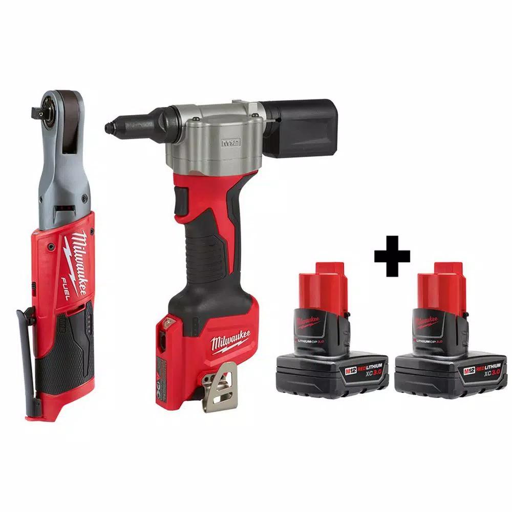 Milwaukee M12 FUEL 12V Cordless 3/8 in. Ratchet and Rivet Tool Combo Kit with (2) 3.0 Ah Batteries