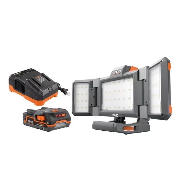 RIDGID 18V Cordless Hybrid Folding Panel Light Kit with 1.5 Ah Battery and Charger, 2500 Lumens