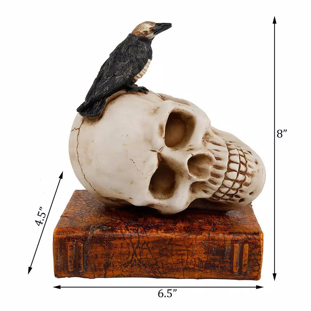 Flora Bunda Halloween Decor Polyresin Black Crow and Skull with Book Tabletop Sculpture