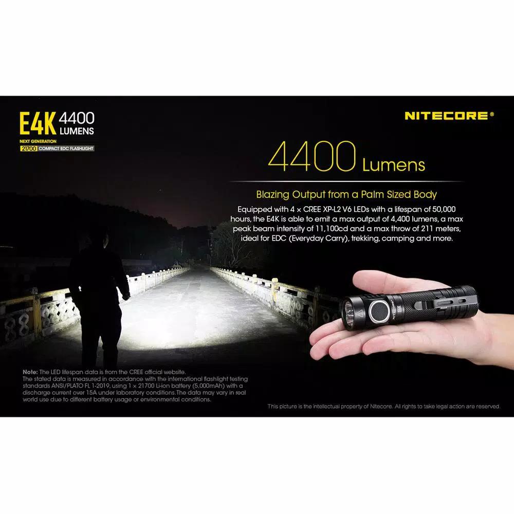 NITECORE E4K Tactical EDC Flashlight, 4400 Lumens, USB-C Rechargeable, Waterproof & Impact Resistant