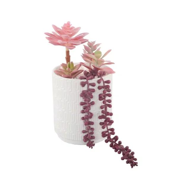 Flora Bunda 11.5 in. Pink Artificial Succulent in 5 in. White Greco Ceramic Pot