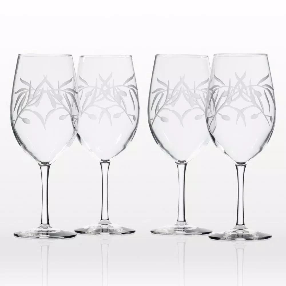 Rolf Glass Olive Branch 18 oz. All Purpose Wine Glass Set of 4 - Diamond-Wheel Engraved