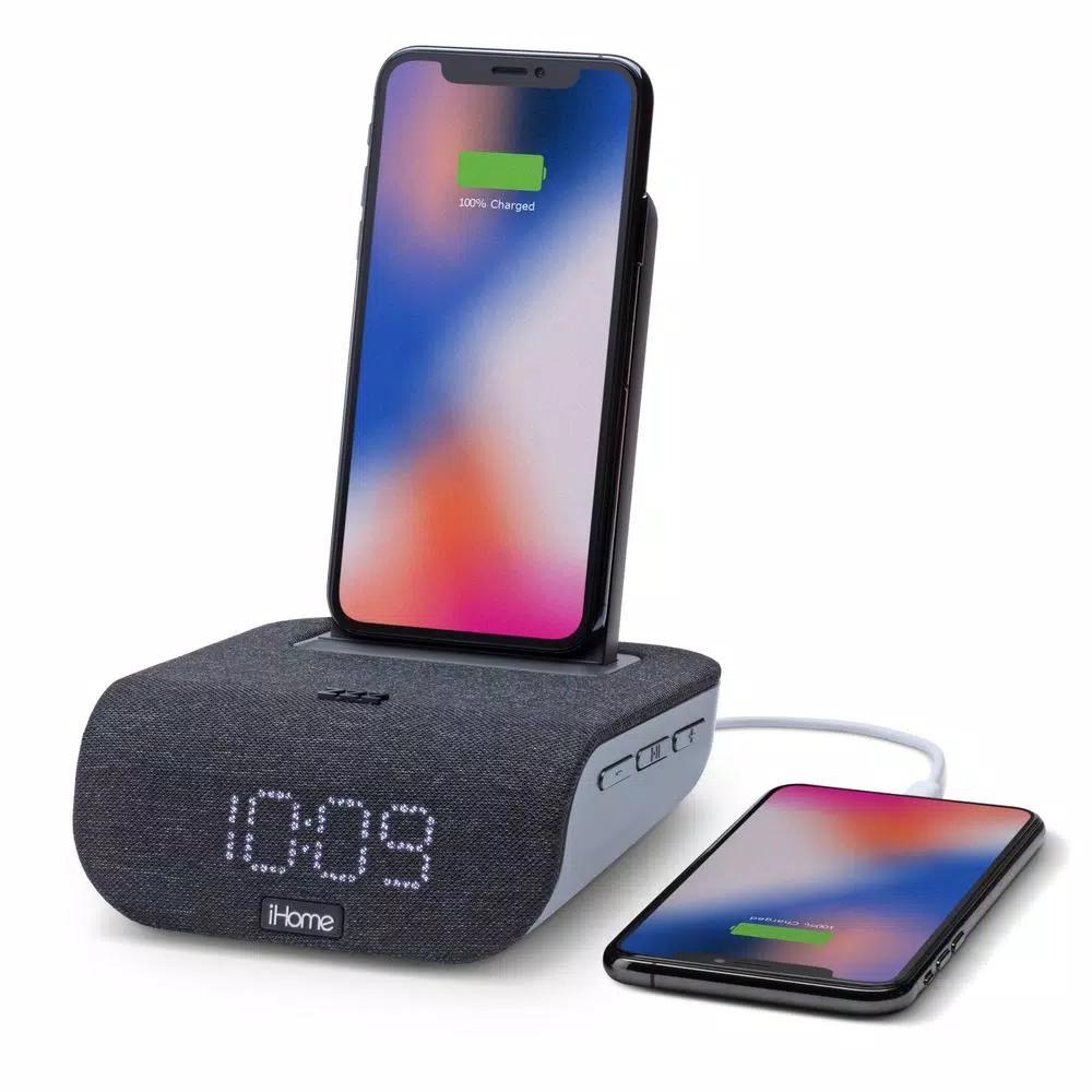 iHome TIMEBASE iBTW20B Bluetooth Alarm Clock with Wireless Qi Charging and USB Port