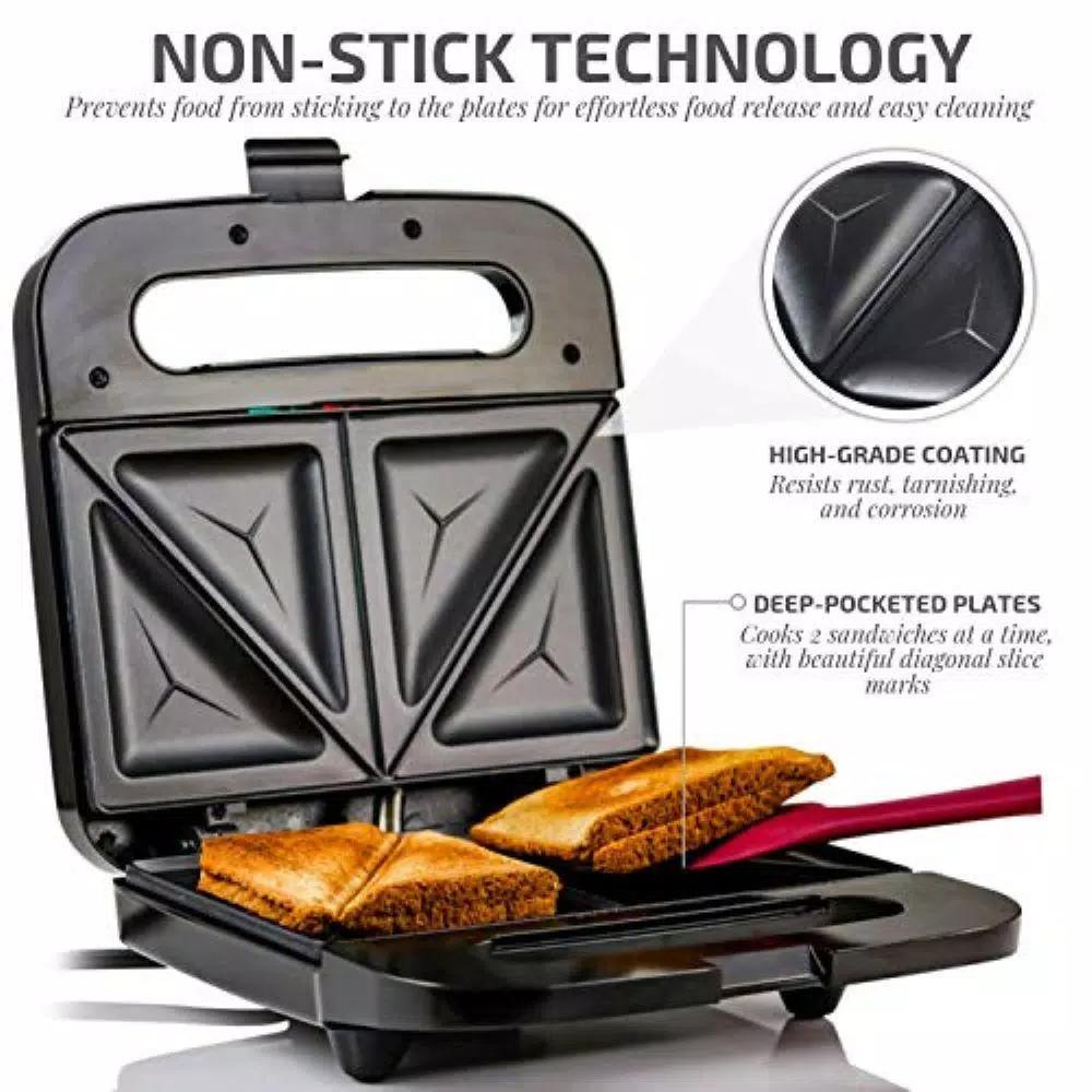 Ovente GPS401 2-Slice Electric Sandwich Maker, 750W Non-Stick Grill, Stainless Steel, Black