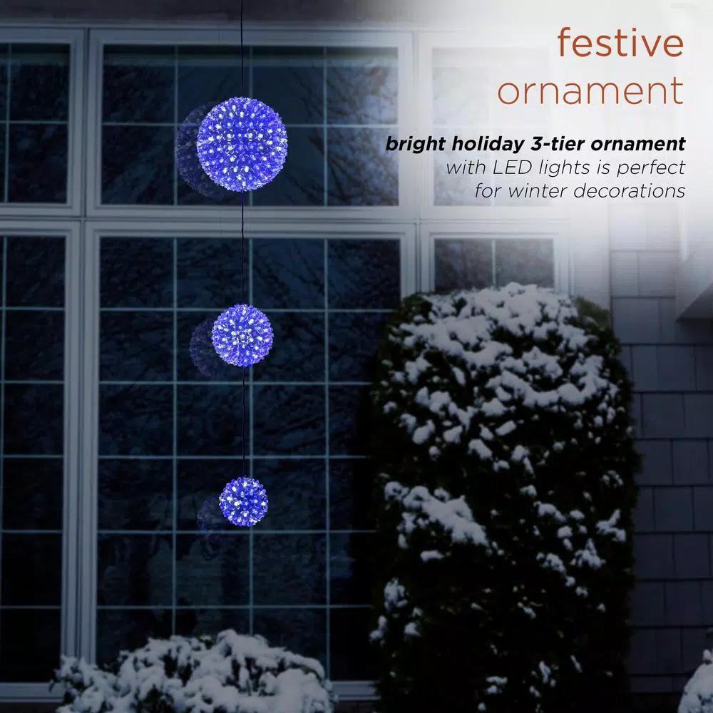 Alpine Corporation 37 in. 3-Tier Hanging Christmas Ornament with 350 Blue and White Chasing LED Lights