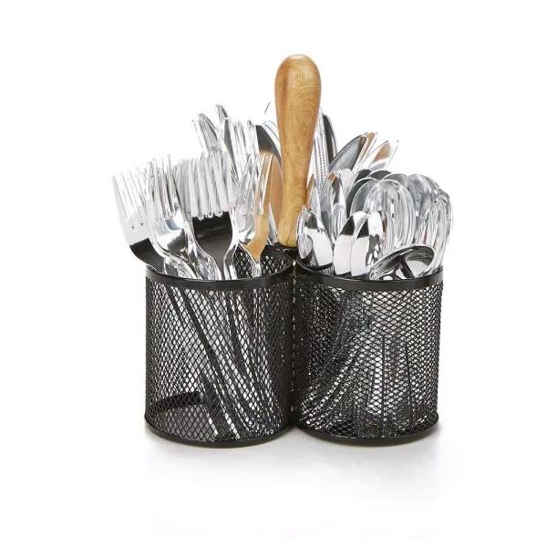 MIND READER 3-Section Black Metal Utensil Caddy, Large Capacity Cutlery & Flatware Organizer for Kitchen Countertop