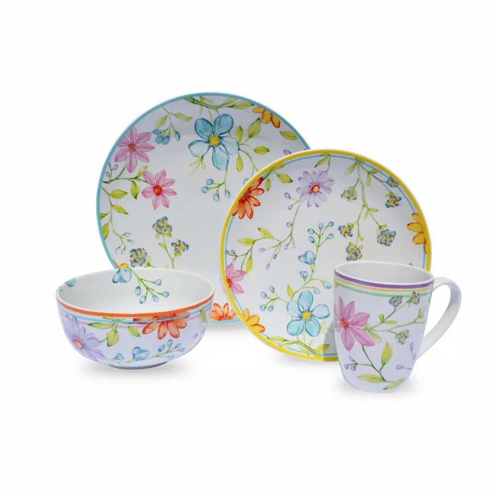 Euro Ceramica Charlotte 16-Piece Floral Multicolor Stoneware Dinnerware Set, Service for 4