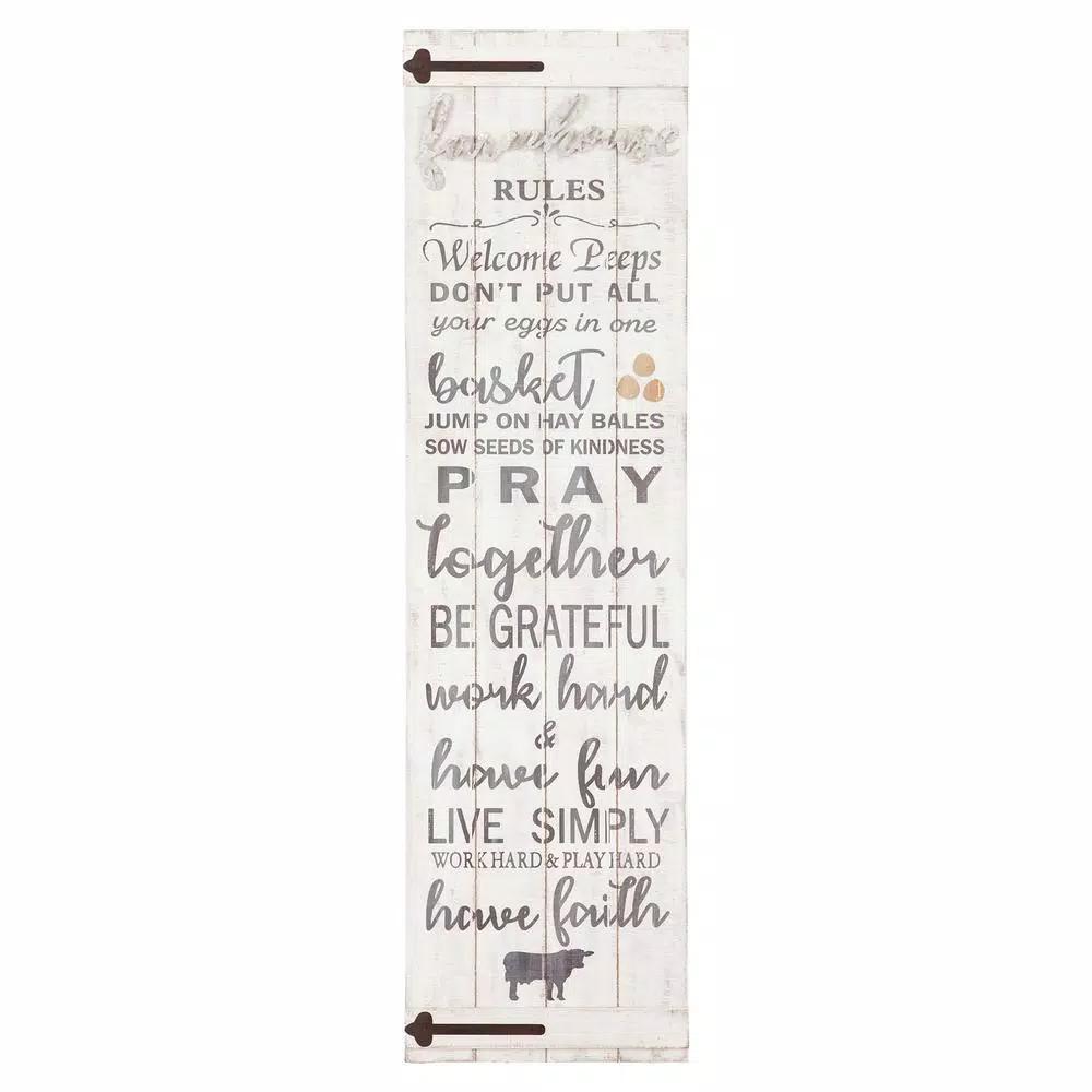 Pinnacle Patton Wall Decor Farmhouse Rules Rustic White Wood Plank Barn Door Sign, 47.5 x 13.5 in.