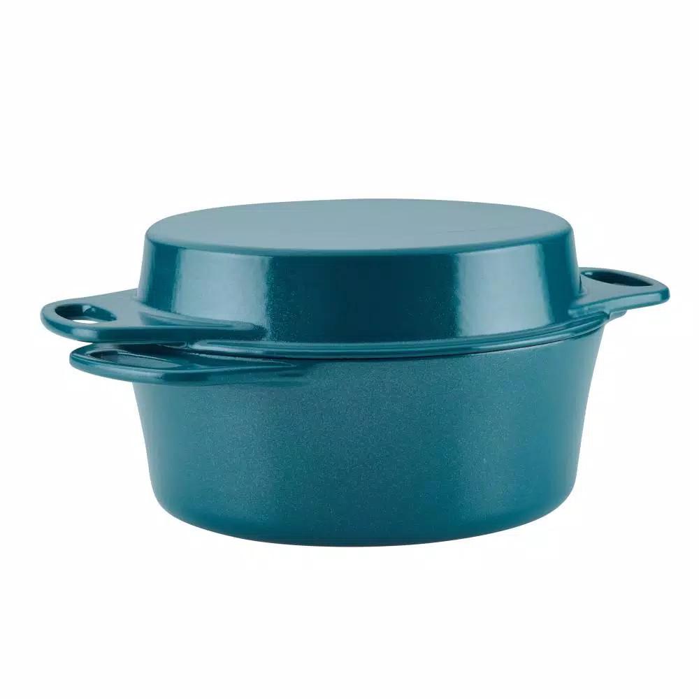 Rachael Ray 4 qt. Cast Iron Casserole Dish with 10 in. Griddle Lid, Teal Shimmer