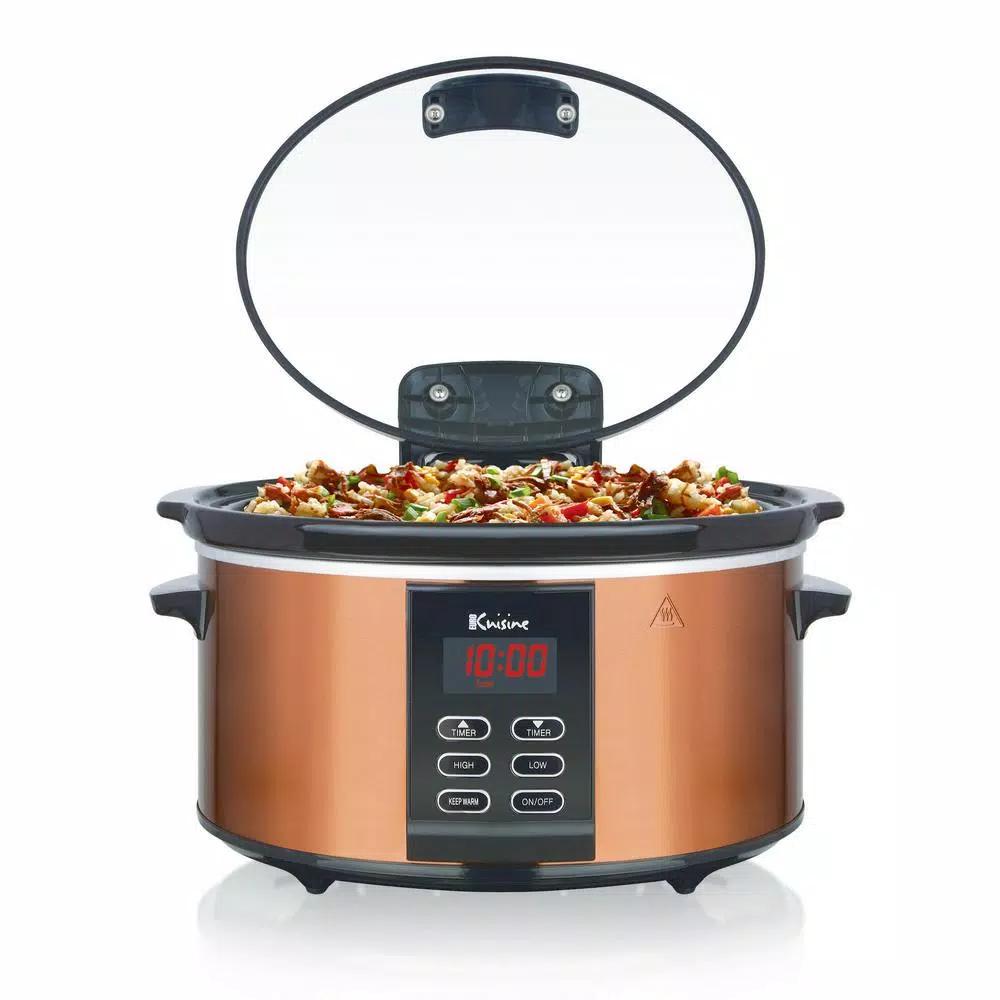 Euro Cuisine 6 Qt. Copper Electric Digital Slow Cooker with Programmable Timer and Hinged Glass Lid
