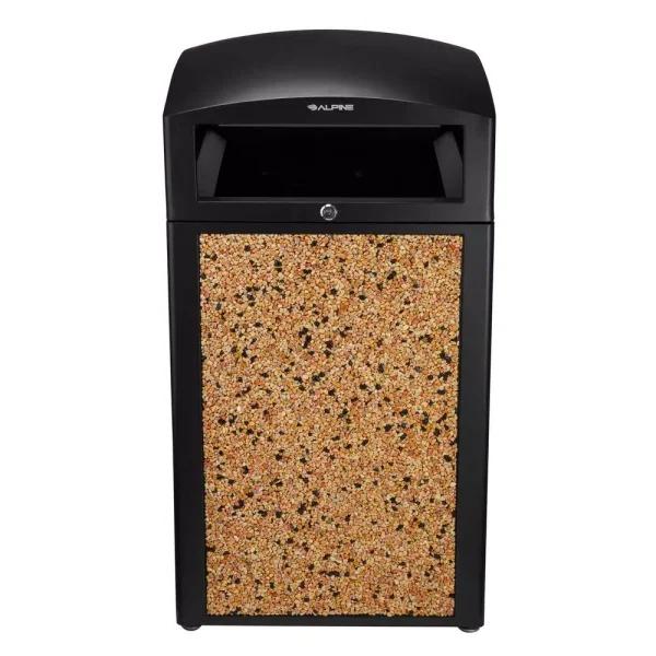 Alpine Industries 40 Gal. Steel Stone Panel Outdoor Commercial Trash Can with Lockable Lid