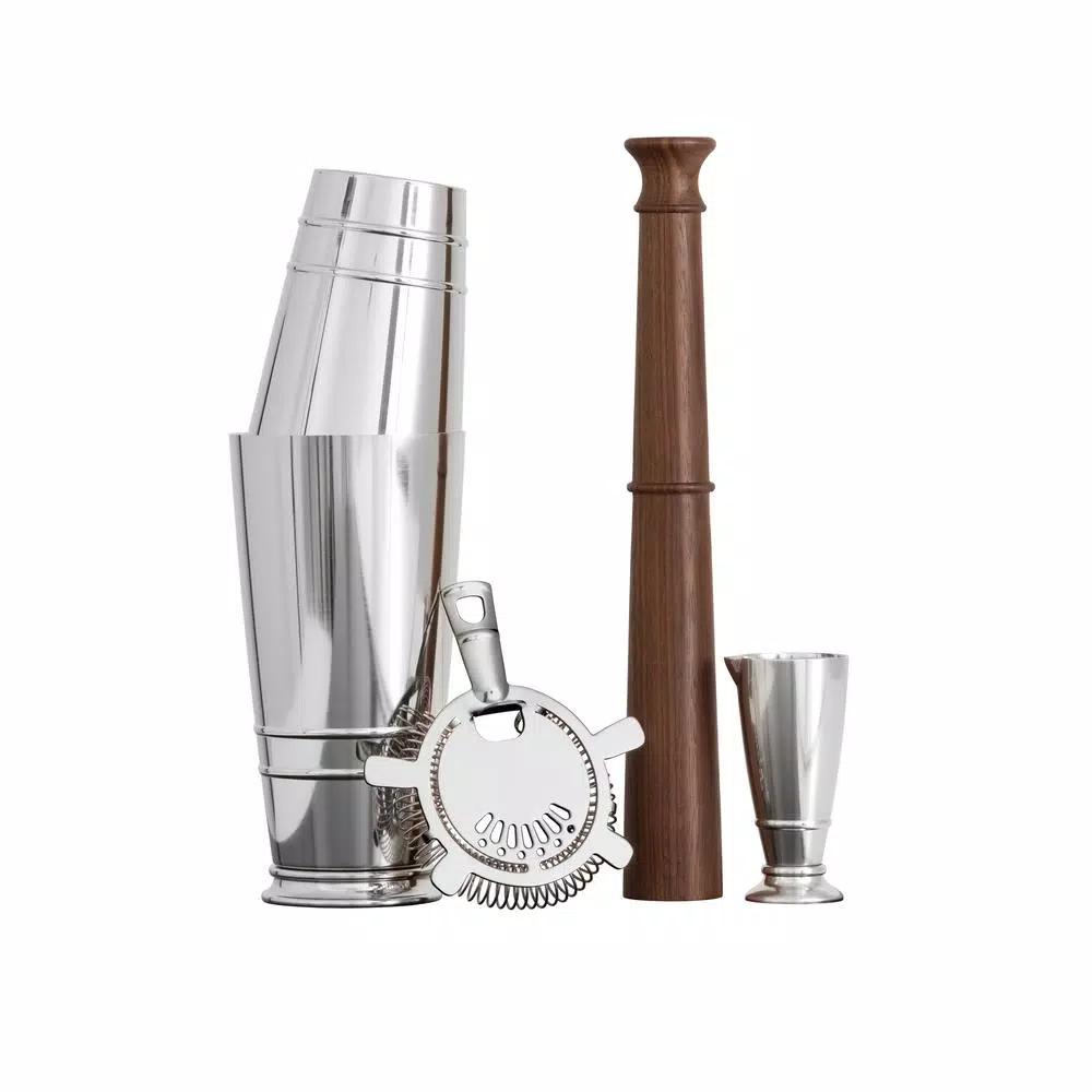 Fortessa CraftHouse by Fortessa 4-Piece Stainless Steel Cocktail Shaker Set with Black Walnut Muddler