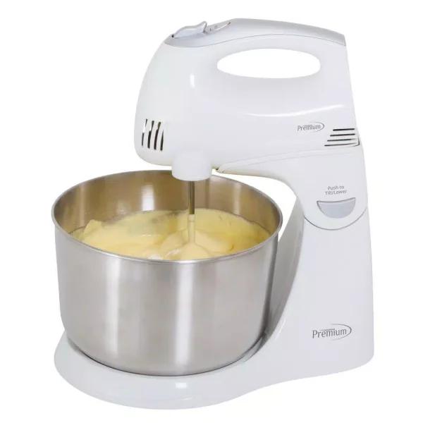PREMIUM 5-Speed Hand Mixer with Stand and 4.5 Qt. Stainless Steel Bowl, White