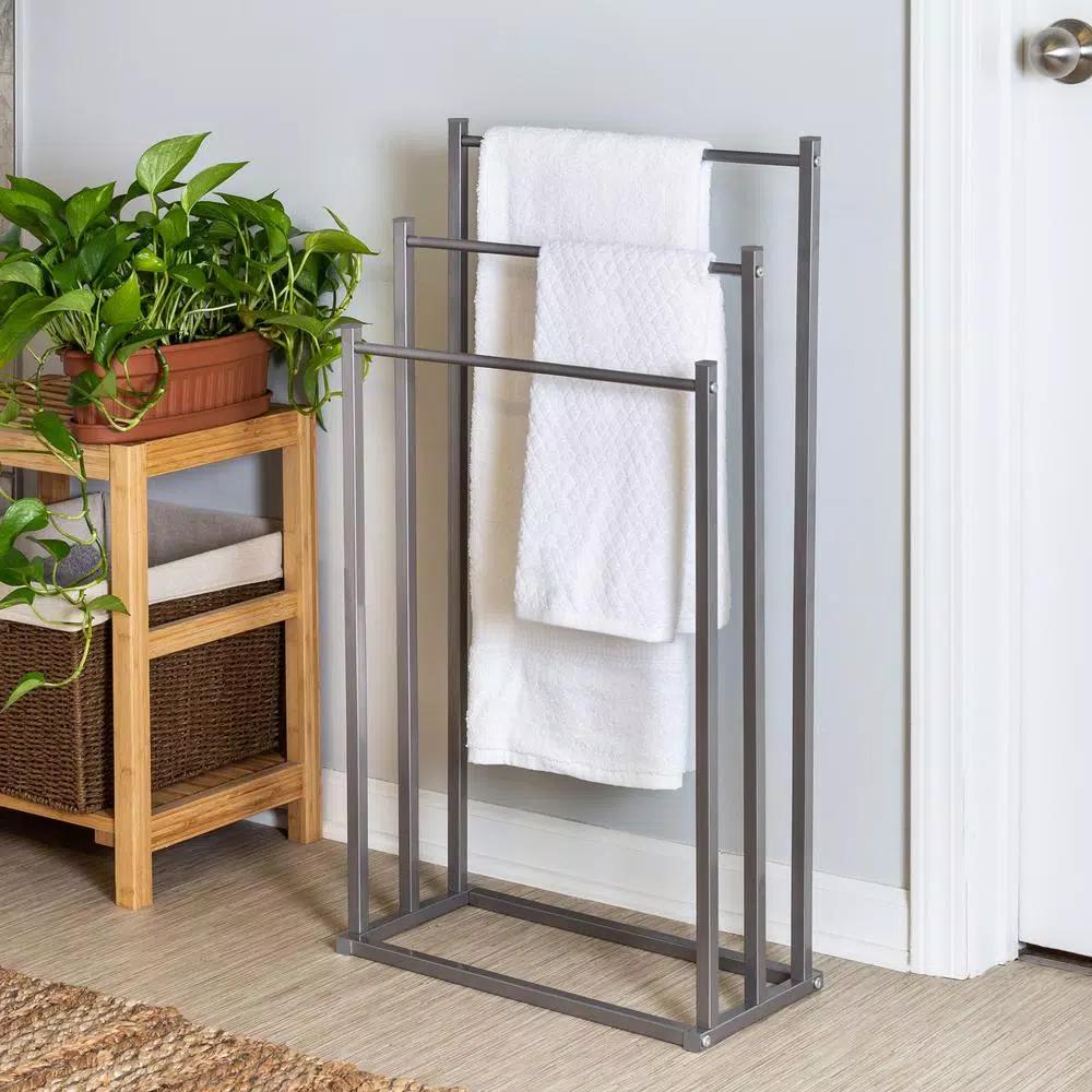 Honey-Can-Do Silver 3-Tier Freestanding Bathroom Towel Rack, Modern Angular Steel Design
