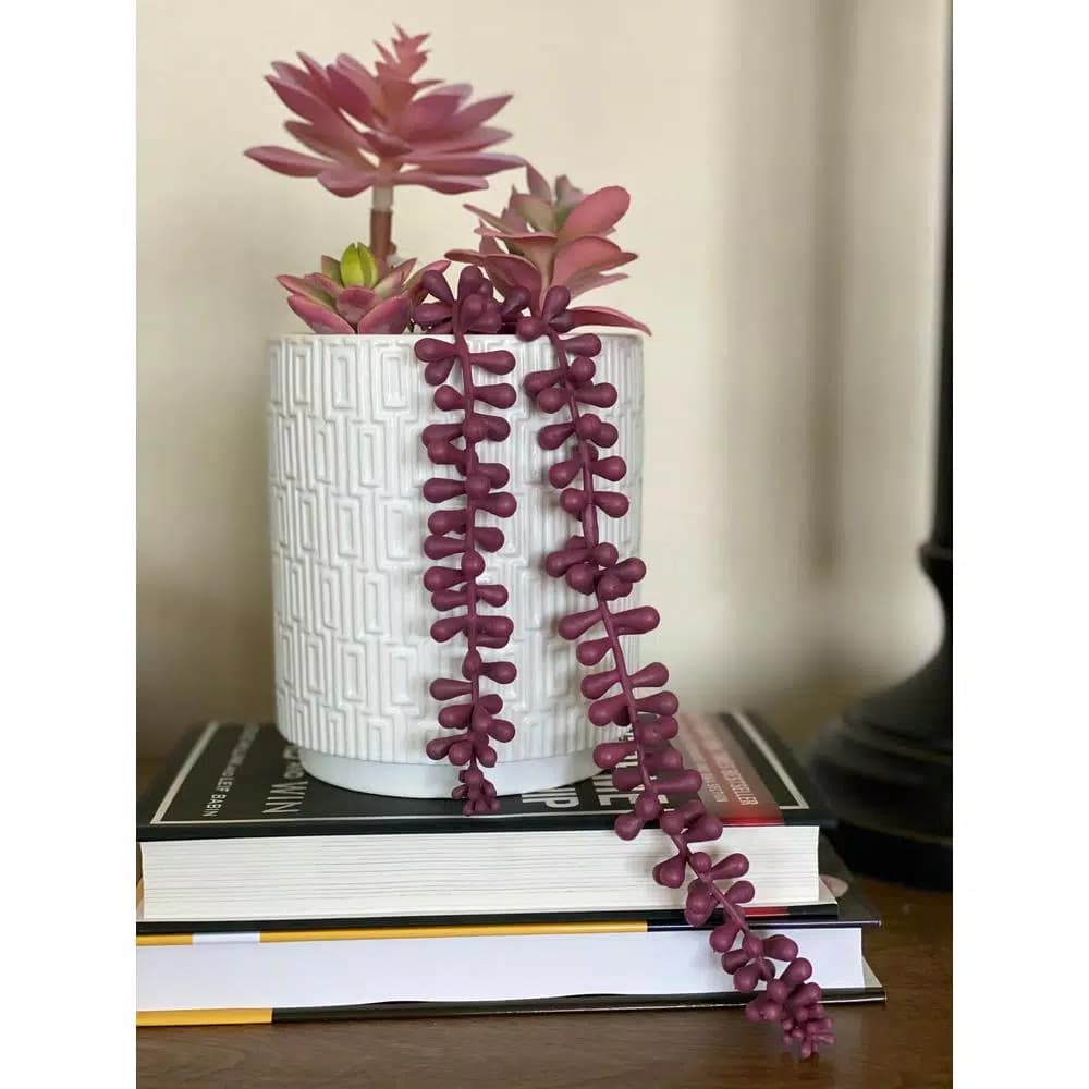 Flora Bunda 11.5 in. Pink Artificial Succulent in 5 in. White Greco Ceramic Pot