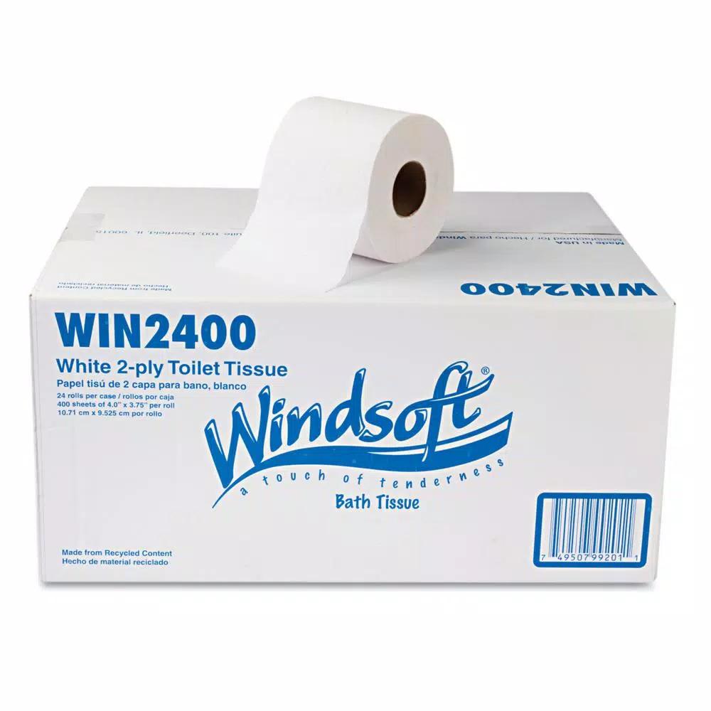 Windsoft Premium 2-Ply White Bath Tissue, 400 Sheets per Roll, 24 Rolls per Carton