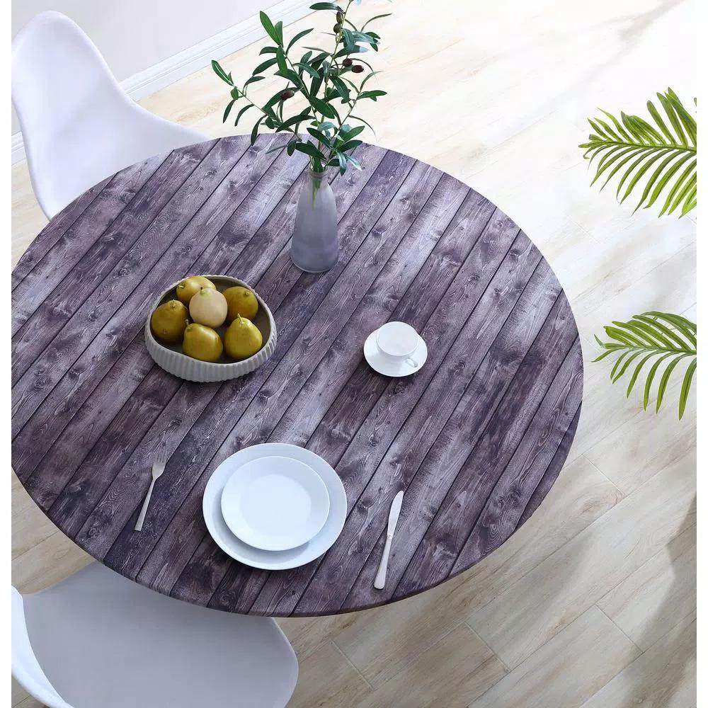 Brielle Home 42" Round Cotton Fitted Table Cover, Distressed Wood Print