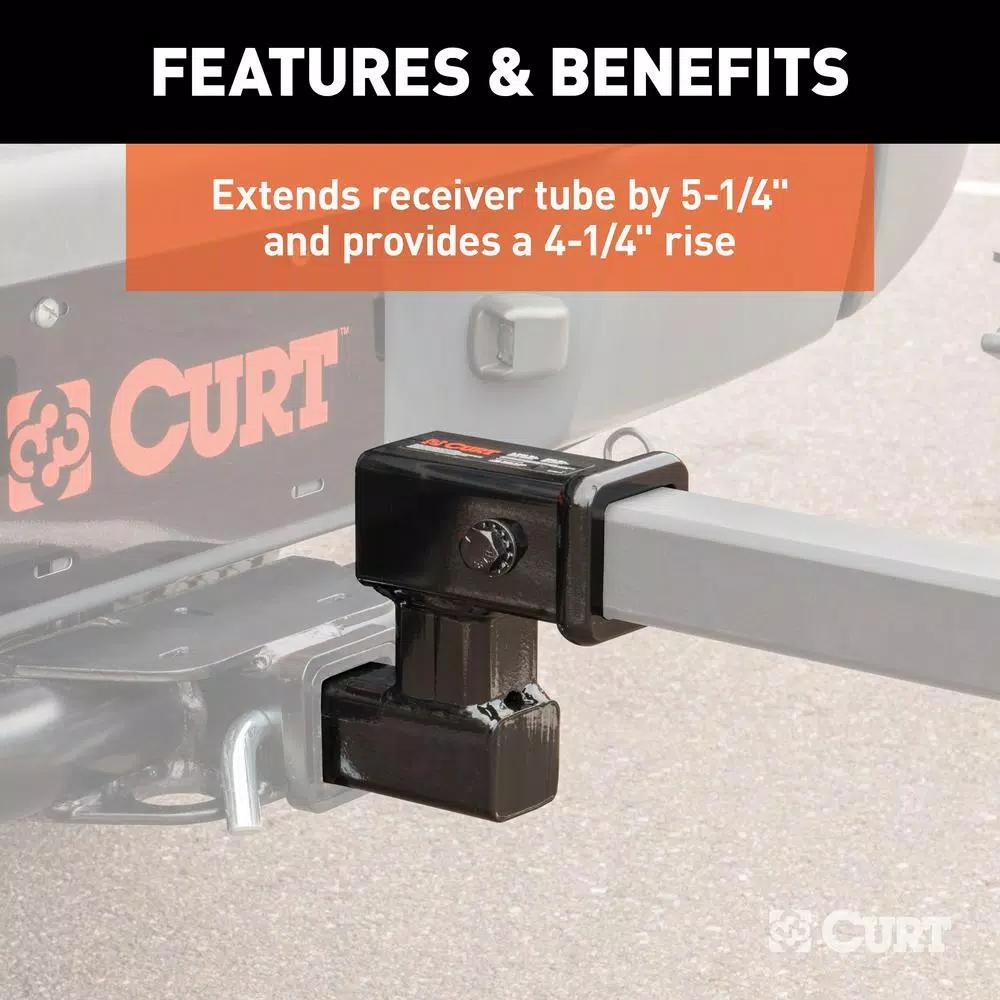 CURT 2" Receiver Raised Hitch Extension Adapter, 4-1/4" Rise, 5-1/4" Extension, 350 lbs Tongue Weight