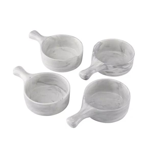 Over and Back 6 oz. Marble Grey Porcelain Handled Serving Bowls, Set of 4