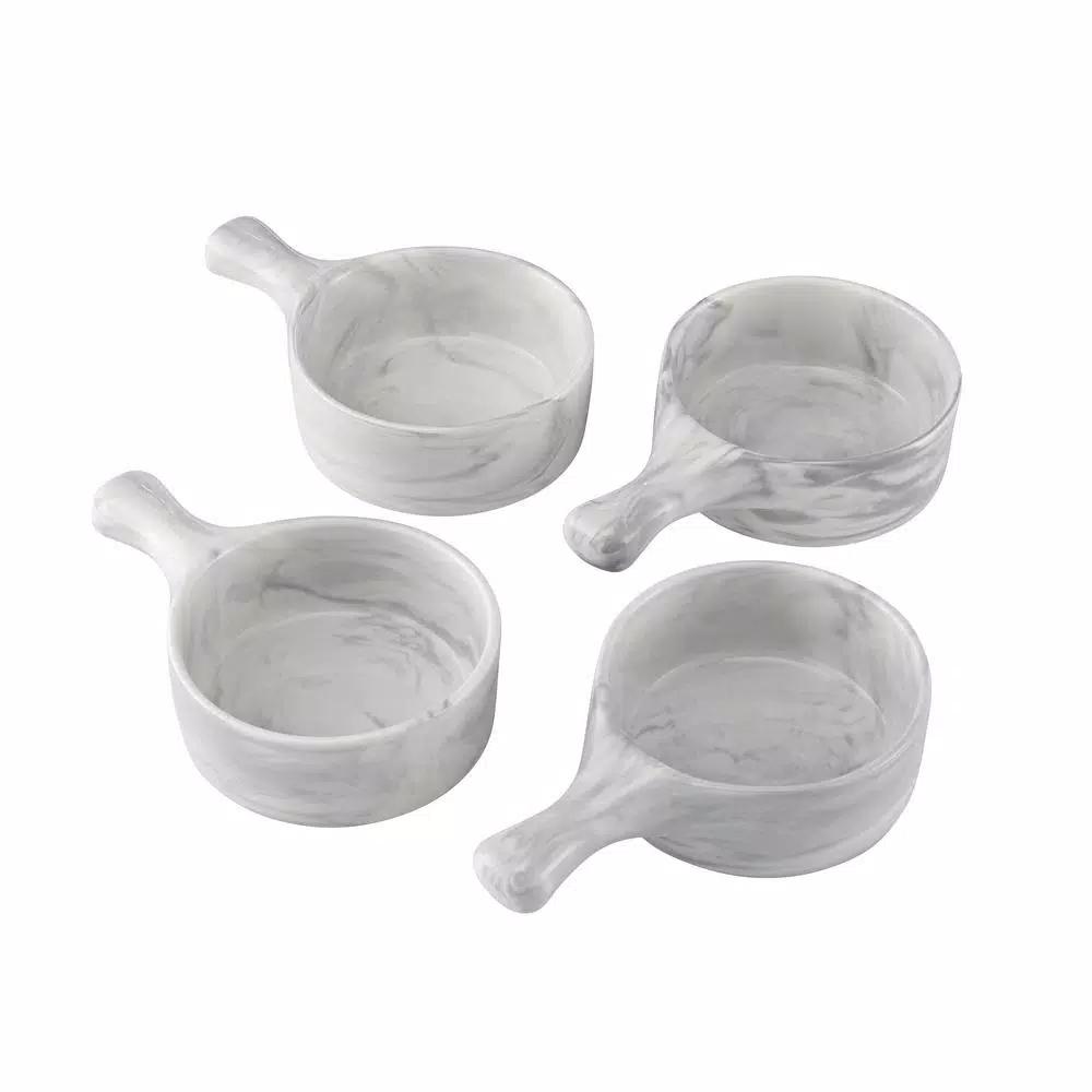 Over and Back 6 oz. Marble Grey Porcelain Handled Serving Bowls, Set of 4
