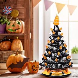 Costway 15 in. Black Ceramic Hand-Painted Halloween Tree with LED Lights and Pumpkin Top thumbnail 2