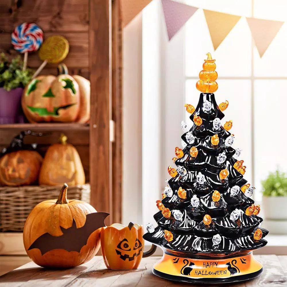Costway 15 in. Black Ceramic Hand-Painted Halloween Tree with LED Lights and Pumpkin Top