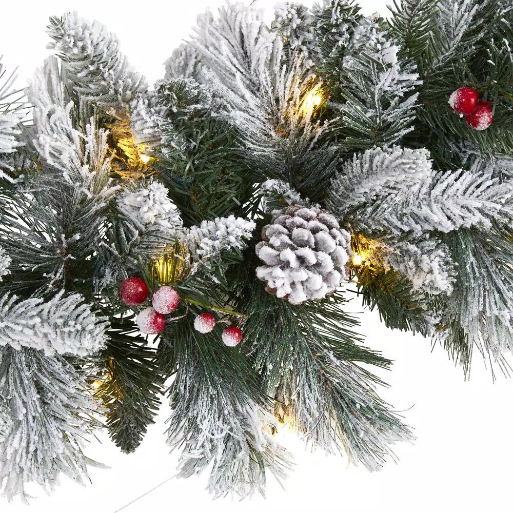 Nearly Natural 6 ft. Pre-lit Flocked Mixed Pine Artificial Christmas Garland with 50 LED Lights
