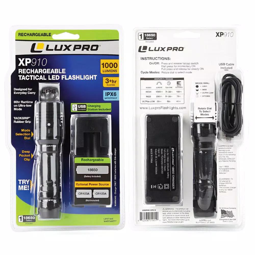 LUXPRO Pro Series 1000 Lumens LED Tactical Rechargeable Flashlight with TackGrip