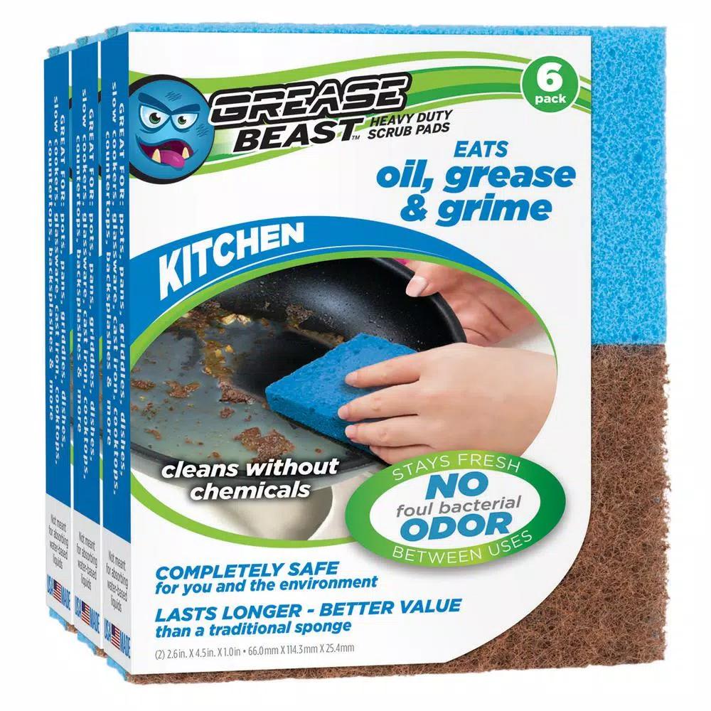 Grease Beast Heavy-Duty Odor and Bacteria Resistant Kitchen Scrub Sponge, 6-Pack