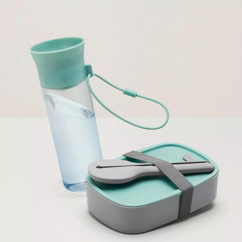 BergHOFF Leo Lunch Set with Bento Box, 40oz Water Bottle, and 3-Piece Stainless Steel Flatware - Gray and Mint
