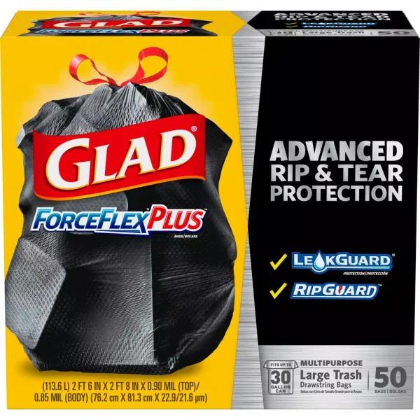Glad ForceFlexPlus 30 Gallon Black Drawstring Large Outdoor Trash Bags, 50-Count
