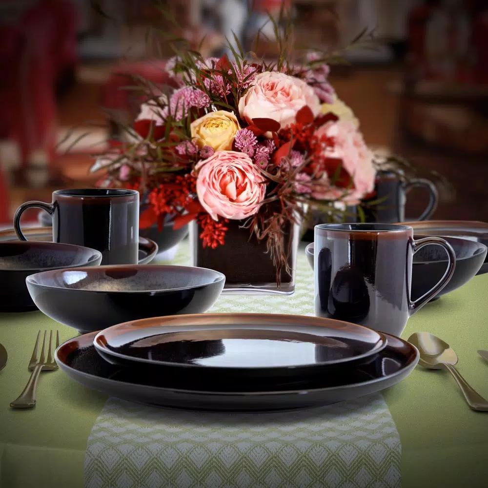 Elama Midnight Beach 16-Piece Metallic Black Stoneware Dinnerware Set, Service for 4